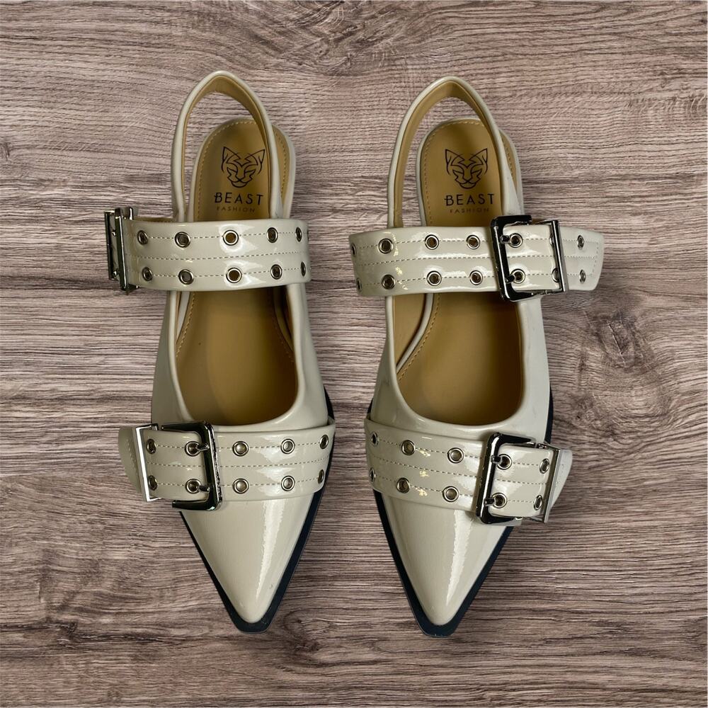 Beast Fashion Women's Bone White Patent Snipped Slingback Buckle Flat Size 6.5